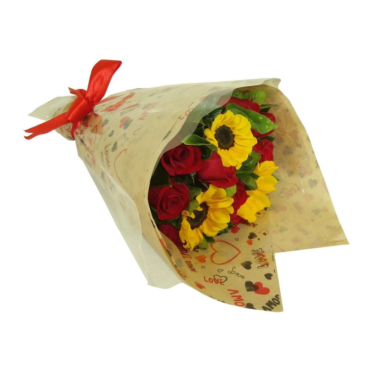 Buquê de Rosas Vermelhas e Girassóis