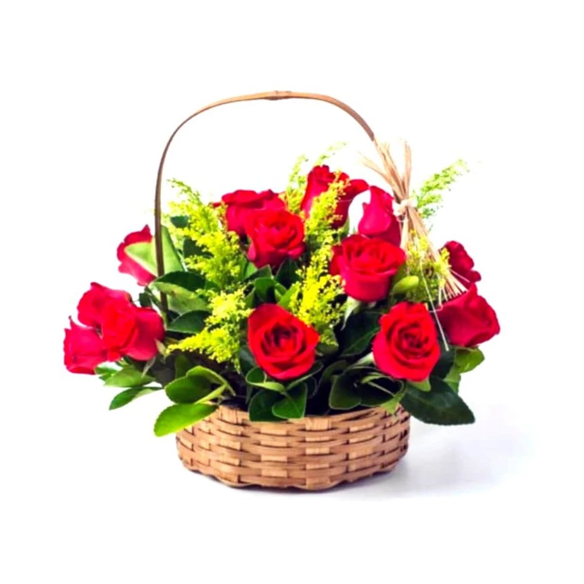 CESTA COM 12 ROSAS VERMELHAS PEQUENA