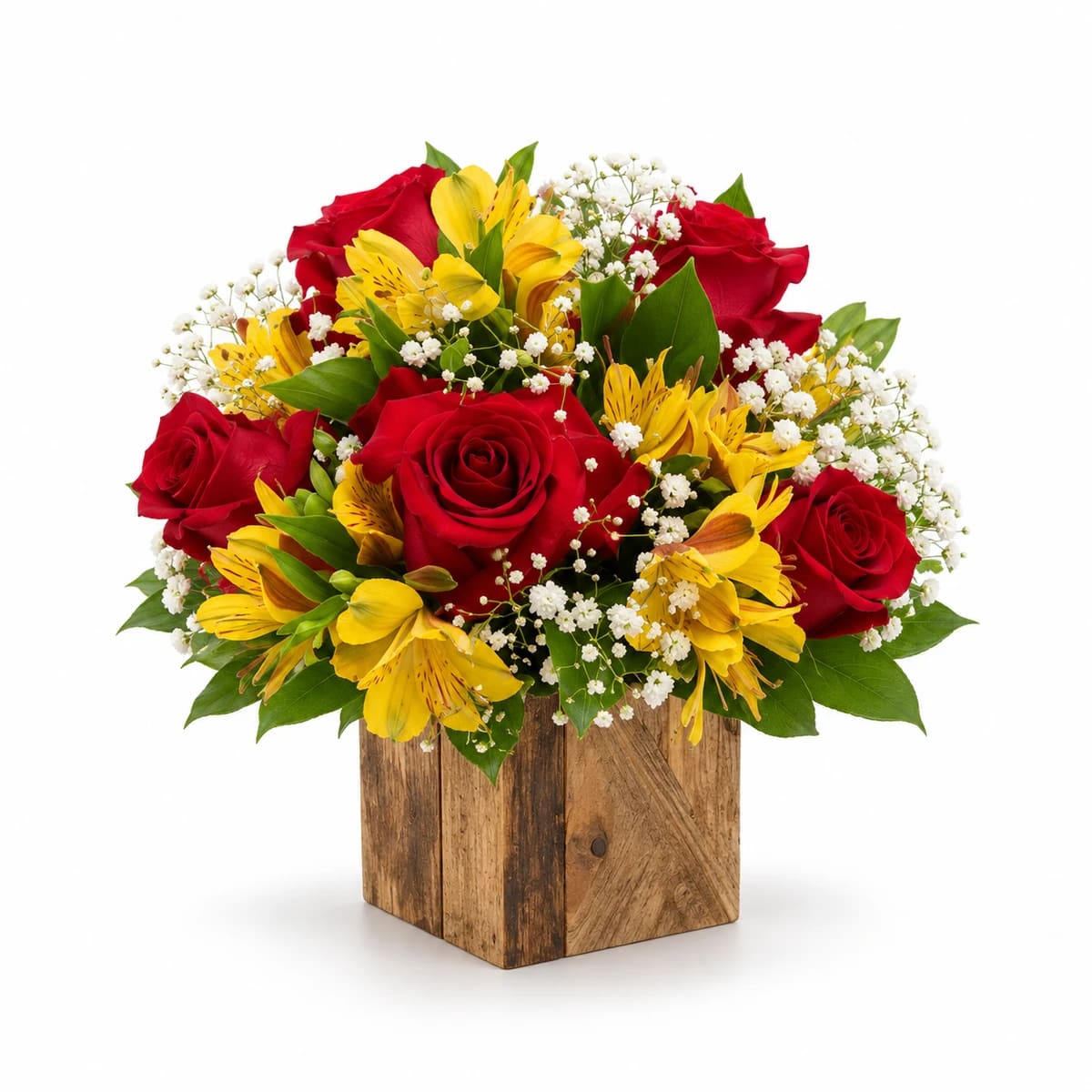 Arranjo de Rosas Vermelhas com Astromélias Amarelas